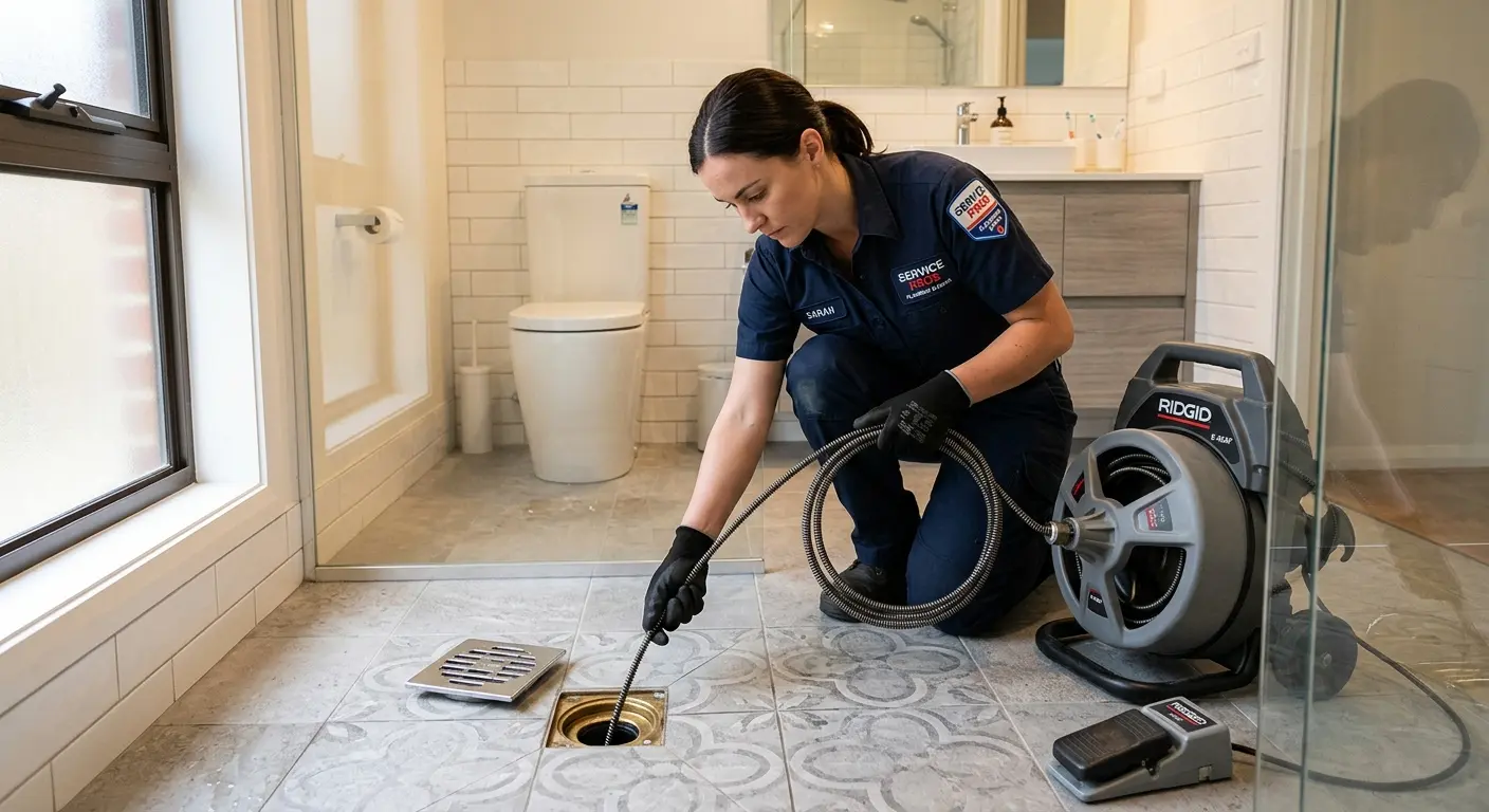 Technician clearing a bathroom floor drain for Hydro Jetting in Oak Ridge